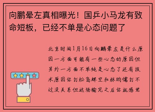 向鹏晕左真相曝光！国乒小马龙有致命短板，已经不单是心态问题了