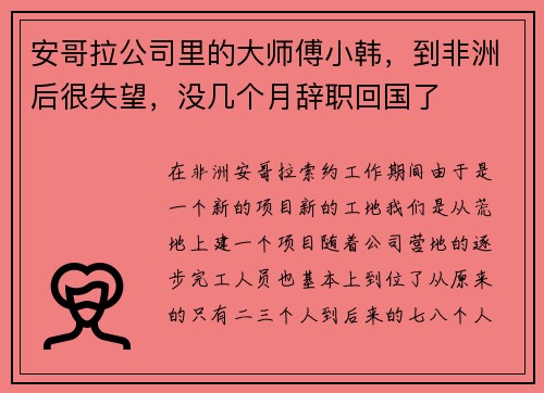 安哥拉公司里的大师傅小韩，到非洲后很失望，没几个月辞职回国了
