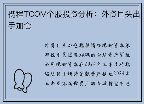 携程TCOM个股投资分析：外资巨头出手加仓