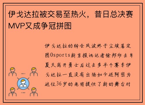 伊戈达拉被交易至热火，昔日总决赛MVP又成争冠拼图