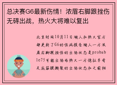 总决赛G6最新伤情！浓眉右脚跟挫伤无碍出战，热火大将难以复出