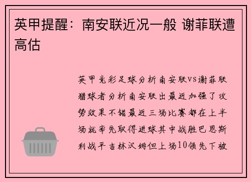 英甲提醒：南安联近况一般 谢菲联遭高估