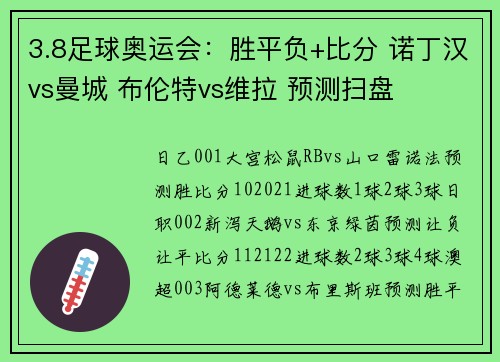 3.8足球奥运会：胜平负+比分 诺丁汉vs曼城 布伦特vs维拉 预测扫盘