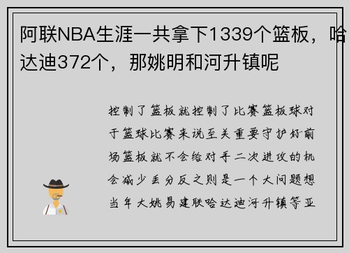 阿联NBA生涯一共拿下1339个篮板，哈达迪372个，那姚明和河升镇呢