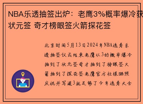 NBA乐透抽签出炉：老鹰3%概率爆冷获状元签 奇才榜眼签火箭探花签