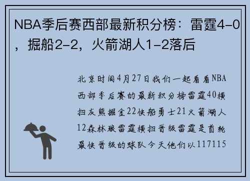 NBA季后赛西部最新积分榜：雷霆4-0，掘船2-2，火箭湖人1-2落后